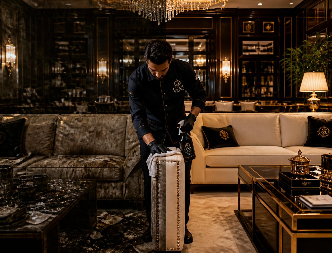 Professional cleaner restoring a lounge — dirty stained sofa on the left transformed into a spotless luxury lounge on the right